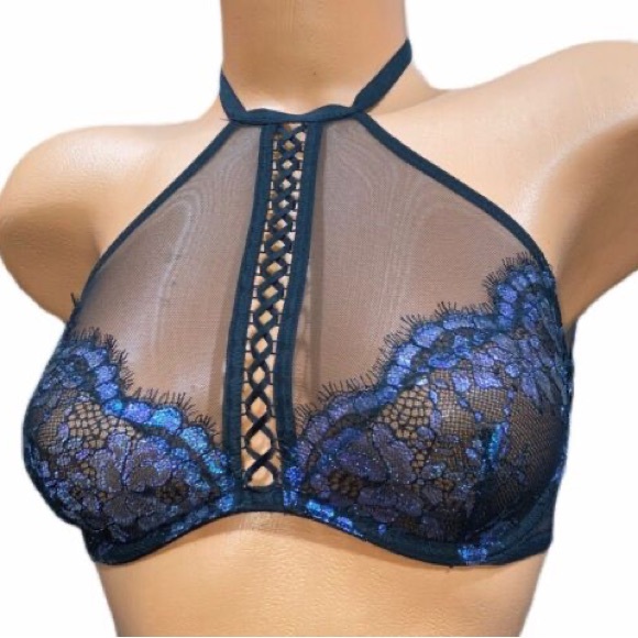 VS Black w/Blue Iridescent High Neck Bra Bralette - Picture 3 of 7